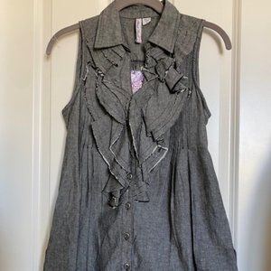 Street Flower Button Down Ruffle Denim Black Size Medium